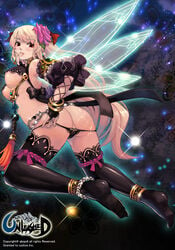 absurdres ass bangle black_gloves black_legwear black_panties blonde_hair bracelet breasts chains character_request cum cum_on_ass fairy fairy_wings female fingerless_gloves gloves hair_ribbon hand_on_own_cheek highres jewelry lips long_hair panties parted_lips qbspdl red_eyes ribbon smile solo tassel thighhighs underboob underwear unleashed watermark wings