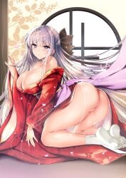 absurdres ass blush braid breasts cleavage closed_mouth collarbone commentary detached_sleeves floral_print_kimono flower grey_hair hair_flower hair_ornament hair_ribbon hand_in_own_hair highres japanese_clothes kimono kneeling large_breasts long_hair looking_at_viewer ninoko no_panties obi original print_kimono purple_eyes red_kimono ribbon sakurase_shino_(ninoko) sash sidelocks socks symbol-only_commentary thighs very_long_hair white_socks wide_sleeves