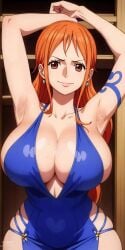 1girl ai_generated armpits arms_up cleavage clothes_too_small curvy curvy_female dress female female_only huge_breasts jarentr looking_at_viewer nami nami_(one_piece) one_piece skindentation sweat tagme tattoo voluptuous voluptuous_female