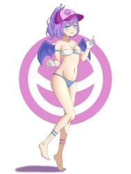 barefoot blue_eyes bra breasts female female fingerless_gloves gacha_club gacha_dj_(female) hat legwear lunime navel panties partially_clothed ponytail purple_hair skimpy solo unknown_artist white_background wings