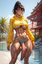 1futa ai_generated balls belly_button_piercing big_balls big_breasts big_cock big_penis black_hair breasts chinese_architecture cleavage cropped_hoodie dark dark-skinned_futanari dark_skin flaccid flaccid_cock flaccid_futa flaccid_penis futa_only futanari green_eyes huge_cock latina long_hair muscles muscular muscular_abs muscular_arms muscular_futanari muscular_legs oiled oiled_body oiled_skin panties partially_clothed partially_clothed_futanari penis penis_through_underwear ponytail pool poolside smile smile_at_viewer smiling solo solo_futanari standing underboob yellow_hoodie