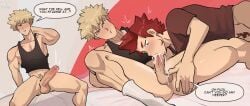 bakugou_katsuki big_penis blowjob blush cum_in_mouth dyed_hair eijirou_kirishima gay kaito_draws katsuki_bakugou kirishima_eijirou my_hero_academia no_pants no_underwear pubic_hair shirt socks tank_top