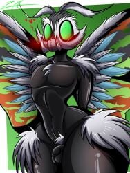 3:4 anthro arthropod ass big_butt blush femboy fur genitals glistening glistening_body glistening_eyes godzilla_(series) green_eyes grey_body grey_fur hi_res insect_wings insects kaiju lepidopteran lepidopteran_wings male male_only monster moth mothra mothra_(series) mothra_leo penis rule_63 simple_background small_penis small_waist solo thick_thighs toho wings znackyartz