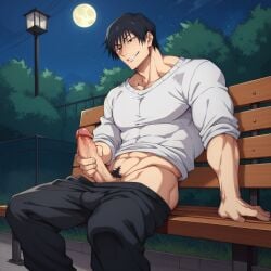 1boy 1male ai_generated bara big_penis exhibitionism gay jujutsu_kaisen male male_focus male_only muscles night_sky park_bench pov pov_male smiling solo solo_male toji_fushiguro