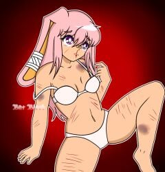 1girl 2000s anime anime_girl anime_style bandages bat_blood bra bra_strap bra_strap_down bruised bruises bunny_ears bunny_girl digital_drawing_(artwork) digital_media_(artwork) female legs_apart legs_spread long_hair nosebleed panties pink_hair pretty_blood purple_eyes rina_pompom_(pretty_blood) scars scars_on_body tear tearing_up