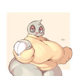 animal_ears anthro anthro_only big_breasts breasts female furry gigantic_breasts grey_body grey_fur huge_ass huge_breasts hyper_breasts large_breasts lightmizano pokemon pokemon_(species) shortstack slakoth small_but_busty solo stevest58244496 sweater thick_thighs