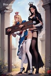 2girls ai_generated alice_(disney) alice_(wonderland) alice_in_wonderland alice_liddell cslg disney girls_only lesbian_sex queen_of_hearts_(alice_in_wonderland) restrained stockings stocks strap-on yuri