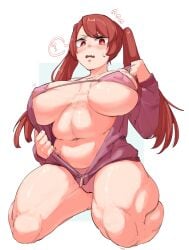 ? ayumi_(yotamono) big_breasts bikini borrowed_character breasts breasts_out fang huge_breasts jacket jacket_open kida_eve long_hair long_sleeves long_twintails looking_at_viewer nipple_bulge open_mouth original original_character pink_bikini red_eyes red_hair spoken_question_mark sweatdrop thick_thighs thighs twintails unzipped unzipped_jacket yotahen zipper