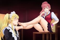 2girls blonde_hair blush blushing bracelet feet female femdom foot_fetish gyaru kakegurui kakegurui_twin kurume_kurumi maid maid_headdress maid_outfit maid_uniform nail_polish painted_nails painted_toenails panties pink_hair saotome_meari scrunchie short_skirt skirt toes twintails yellow_hair yuri