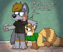 2023 2boys anthro anthro_on_anthro artemis_wolfram_(artydoggo) arty_(artydoggo) artydoggo background blush butt_lick butt_licking carpet clothes crossover cub drink duo duo_male fluffy_tail furry furry_male furry_only fursona gay glass glasses graedius_(character) gray_fur green_eyes grey_fur hands_and_knees indoors juice knot licking_anus licking_butt light_fur male male/male male_only males_only on_floor on_hands_and_knees raccoon raised_arm raised_eyebrow sheath sheathed sheathed_penis shirt shirt_only sweat sweatdrop sweating t-shirt t-shirt_only wolf yiff young young_boy