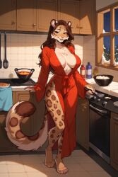 ai_generated among_us big_breasts brown_body brown_eyes brown_fur brown_hair cat_girl catgirl coat cooking elizabeth_mendoza felid feline female furry furry_female heart_symbol kitchen leopard long_hair no_bra no_panties seductive seductive_smile snow_leopard tail