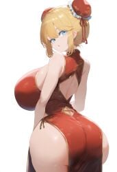 ai_generated ameanon ass back_cutout big_ass big_breasts blonde_hair blue_eyes breasts china_dress chinese_clothes double_bun from_behind hololive hololive_english hololive_myth huge_ass huge_breasts large_ass large_breasts mommy thick_thighs tight_clothing virtual_youtuber vtuber watson_amelia