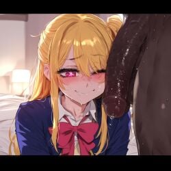 1boy 1girls after_oral ai_generated blonde_hair blush cock_worship dark-skinned_male dark_penis happy hoshino_ruby idol interracial kuroai long_hair looking_at_penis oral oshi_no_ko penis_awe precum satisfied_look smile star_eyes tagme