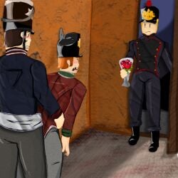 3boys barry_(guts_and_blackpowder) blushing bouquet caught_in_the_act cheating gay guts_&_blackpowder guts_and_blackpowder holding_object holding_rose jacob_(guts_and_blackpowder) ntr prussian_officer_(guts_and_blackpowder) roblox roblox_game robloxian roses self_upload tagme tempral threesome