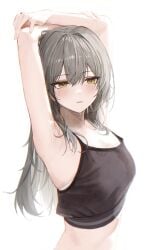 2d armpits arms_above_head arms_up bra_showing clothed exposed_belly gray_hair hairless_armpits hidulume honkai:_star_rail non-nude sleeveless sports_bra stelle_(honkai:_star_rail) strapless_bra sweat sweating white_background yellow_eyes