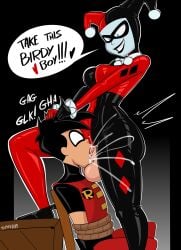 1boy 1futa 2d 2d_(artwork) 2d_artwork ass balls batman:_the_animated_series batman_(series) black_hair bodysuit breasts clothed clothing cum dc dc_comics dcau dialogue duo english english_dialogue english_text face_fucking fellatio futa_on_male futanari hair harley_quinn harley_quinn_(classic) human intersex irrumatio light-skinned_futanari light-skinned_male light_skin male mostly_clothed oral oral_rape penis rape restrained restraints robin_(dc) robin_(tim_drake) ropes sex smile smiling spakka5 tagme text the_new_batman_adventures tied tied_up tim_drake