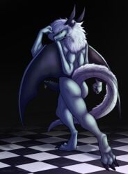 absurd_res ass bodily_fluids cum dragon erection flexing floor folded_wings genital_fluids genitals green_body green_scales hair hi_res horn kaejaris long_hair male mythological_creature mythological_scalie mythology nude penis pose precum rear_view scales scalie smile smiling_at_viewer smirk smirking_at_viewer smug_face snakemutt solo standing tail tile tile_floor whiskers white_hair wings yellow_eyes