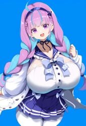 ai_generated ameanon big_breasts blue_hair braided_hair breasts hololive huge_breasts large_breasts minato_aqua pink_eyes pink_hair thick_thighs twintails two_tone_hair virtual_youtuber vtuber white_pantyhose