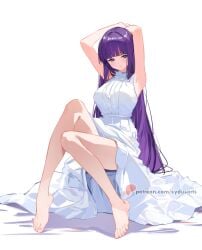 1girls 2d armpits arms_up big_breasts blush clothed dress feet female female_only fern_(sousou_no_frieren) large_breasts long_hair looking_at_viewer purple_eyes purple_hair simple_background sitting soles solo sousou_no_frieren sydus thighs white_dress