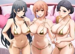 3girls absurdres alternate_costume bed bikini black_eyes black_hair blue_eyes blush breasts cleavage closed_mouth collarbone comiket_104 commentary_request cover cover_page cowboy_shot doujin_cover finger_to_mouth gold_bikini groin hair_bun halterneck hand_on_own_hip hands_on_own_chest heart heart-shaped_pillow highres hiratsuka_shizuka huge_breasts inanaki_shiki large_breasts lips long_hair looking_at_viewer matching_outfits mature_female micro_bikini milf multiple_girls my_teen_romantic_comedy_snafu navel open_mouth orange_eyes orange_hair parted_lips pillow pink_pillow shiny_swimsuit short_hair side-tie_bikini_bottom sideboob smile standing stomach string_bikini swimsuit three_quarter_view very_long_hair wet yuigahama_yui's_mother yukinoshita_yukino's_mother