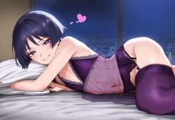 ai_generated blackcatmeow bra femboy genshin_impact licking_lips lingerie male_only on_bed scaramouche_(genshin_impact) thick_thighs