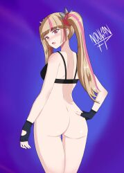 1girls ass back_view bikini bikini_top black_bikini black_bikini_top blonde_hair bra butt_cheeks butt_crack casual cute_ass cute_expression cute_eyes cute_face dat_ass fat_ass female female_only fortnite fortnite:_battle_royale gloves hand_on_hip handwear hips lennox_rose_(fortnite) looking_at_viewer looking_back noukan pale-skinned_female pale_skin pink_eyes pink_hair purple_background shoulders thick_ass thick_thighs thigh_gap thighs thighs_together twintails watermark wide_hips