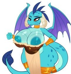 anthro blue_skin breasts clothing dragon female friendship_is_magic furry hasbro horn large_breasts my_little_pony mythological_creature mythological_scalie mythology nipples non-mammal_breasts princess_ember_(mlp) red_eyes ribiruby scalie solo spikes thick_thighs wide_hips wings