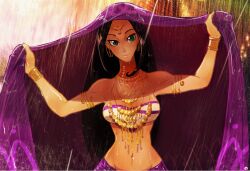 dark-skinned_female dark_skin inviting jewelry looking_at_viewer midriff monkey_jon original original_character rain raining