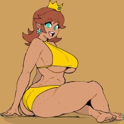 1girls ass big_breasts bikini bimbo breasts dark-skinned_female drawfag freckles freckles_on_ass mario_(series) princess_daisy thighs underboob