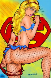 1girls ass blonde_hair blue_eyes blue_microskirt colorized dat_ass dc eyeliner fabio female_ass fishnet_pantyhose fishnet_stockings kryptonian lipstick lollipop makeup microskirt no_panties panties panties_aside signature skirt solo spankable supergirl winchester01