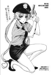 1girls angelica_diarmuit black_and_white blonde_female blonde_hair blonde_hair blonde_hair_female cop cop_outfit female female_focus female_only gun holding_gun japanese_text long_hair looking_at_viewer manga_page official_art panties shinmai_ossan_bokensha skirt skirt_lift tagme tagme_(artist) white_female white_girl white_skin