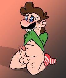 1boy arms_behind_back balls biting_shirt blue_eyes blush bottomless brown_hair clothing erection facial_hair green_shirt human human_only light-skinned_male light_skin luigi male male_only mario_(series) moustache nintendo nipples no_pants on_knees penis pubic_hair socks solo solo_male sweat sweating toony verquilion