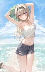 2d armpits belly_button camisole clothed firefly_(honkai:_star_rail) gray_hair hair_ornament headband hidulume honkai:_star_rail jean_shorts no_bra non-nude purple_eyes sandals simple_background sleeveless standing_on_one_leg sweatdrop taking_clothes_off