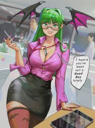 1girls 3boys big_breasts breasts cleavage darkstalkers english_text female female_focus glasses green_eyes green_hair head_wings large_breasts looking_at_viewer male morrigan_aensland multiple_boys office_lady pov purple_proses purpleisaprose purplepro skirt succubus text