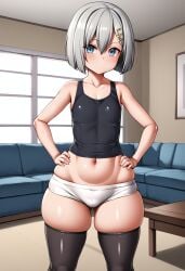 ai_generated alternate_breast_size bare_shoulders black_legwear black_tank_top black_thighhighs blue_eyes blush breasts collarbone eyebrows_visible_through_hair female flat_chest hair_ornament hairclip hamakaze_(kantai_collection) hands_on_hips indoors kantai_collection looking_at_viewer midriff navel self_upload shiny_skin short_hair short_shorts shorts silver_hair skindentation solo standing tank_top thick_thighs thighhighs white_shorts yuki_to_hana_(style)