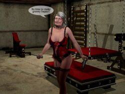 1female 3d female female_only femdom older_female red_corset render solo_female text text_bubble vibrator whip