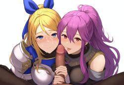 ai_generated anabel_(another_eden) another_eden armor blonde_hair blowjob cum_on_face deirdre_(another_eden) facial ffm_threesome handjob nai_diffusion purple_hair sisters smile threesome tongue_out