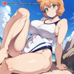 1:1_aspect_ratio ai_generated angs bare_legs bare_shoulders barefoot beach blue_eyes blue_sky blush breasts castle12 castle12pokemon clavicle cleavage closed_mouth clothing cloud competition_swimsuit covered_navel curvaceous day eyelashes feet female female female_only gen_1_pokemon green_eyes gym_leader high_resolution highleg highleg_swimsuit hips huge_breasts kasumi_(pokemon) large_breasts legs looking_at_viewer misty_(pokemon_hgss) navel ocean one-piece_swimsuit orange_hair outdoors pokemon_(anime) pokemon_character pokemon_gsc pokemon_hgss pokemon_rgby pokemon_species rock shiny shiny_skin short_hair sitting sky smile solo swimsuit tank_suit thick_thighs thighs toes water white_one-piece_swimsuit white_swimsuit wide_hips