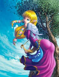 1girls arched_back ass blonde_hair blue_eyes bracelet bubble_butt dat_ass dress female_only fully_clothed goddess goddess_harp harp highres hylian instrument jewelry long_dress long_hair nintendo nipple_bulge pointy_ears princess_dress princess_zelda sailcloth skyward_sword small_breasts teenager the_legend_of_zelda tight_dress yuqoi zelda_(skyward_sword)