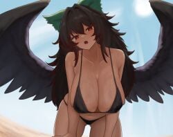 1girls beach belly_button big_breasts bikini bikini_top black_hair breasts breasts_bigger_than_head color colored crow_girl crow_wings curvy curvy_figure female female_only huge_breasts large_breasts long_hair looking_at_viewer moriforest1040 partially_clothed red_eyes ribbon ribbon_in_hair sky sole_female solo sweat touhou utsuho_reiuji yokai youkai