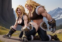 ai_generated doggy_style facial_markings female female_warrior fur masha_(mobile_legends) mobile_legends mobile_legends:_bang_bang muscular muscular_male selfcest sex