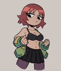 1girls black_bra black_eyes bra brown_hair female freckles freckles_on_breasts freckles_on_face gorllus kim_pine open_clothes open_jacket partially_clothed pleated_skirt scott_pilgrim short_hair short_skirt skirt solo solo_female tomboy