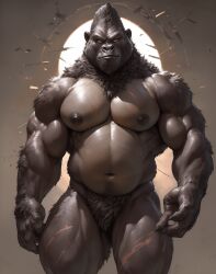 ai_generated anthro ape black_body black_fur black_skin fur gorilla hair humanoid kuranoidss looking_at_viewer male mammal muscular muscular_male nipples primate scars solo standing yellow_eyes