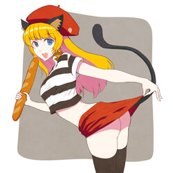 animal_ears ass beret black_legwear blonde_hair blue_eyes bread cat_ears cat_tail female food frog hat jsut-tan long_hair lordkonyo no_panties open_mouth original pointy_chin skirt skirt_lift solo standing striped striped_shirt thighhighs