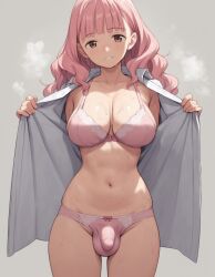 ai_generated brown_eyes bulge covered_penis flaccid futa_only futanari gay panties pink_hair