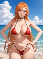 1girls ai_generated alex-schura bangs bare_shoulders beach bikini black_choker bleach bleach:_the_thousand-year_blood_war blue_eyes blue_sky blush breasts censored choker clavicle cleavage closed_mouth clothing cloud curvaceous curvaceous_female curvaceous_figure curvy curvy_figure day earrings female female_focus female_only g-string g-string_bikini hair_ornament hands_on_hips highleg highleg_bikini huge_breasts inoue_orihime inviting inviting_to_sex jewelry large_breasts lips long_hair looking_at_viewer mosaic_censoring navel o-ring o-ring_bikini ocean orange_hair outdoors parted_lips presenting presenting_anus presenting_ass presenting_breasts presenting_hindquarters presenting_pussy red_bikini red_swimsuit sand seductive seductive_look seductive_smile shiny skindentation sky smile solo standing stomach swimsuit thighs very_long_hair voluptuous voluptuous_female water wet