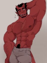 1boy abs aries03220 bara beard biceps bulge clothing demon demon_horns devil devil_horns flaccid male male_nipples male_only male_pubic_hair manly muscular_male nipples pecs red_body red_skin solo solo_male