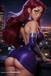 1girls ai_generated anus ass bare_shoulders blush boomerang_(tv_network) breasts cartoon_network dc dc_comics detached_sleeves dress from_behind green_eyes green_sclera hi_res koriand'r large_breasts lips long_hair looking_at_viewer looking_back night no_panties orange_skin progenarts purple_dress pussy red_hair shiny_skin solo starfire superhero superheroine teen_titans warner_brothers