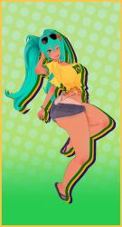 1girls 3d 3d_(artwork) amanwithnoplan ass big_ass big_breasts big_thighs bikini brazil brazilian brazilian_female brazilian_miku breasts cyan_eyes cyan_hair female female_only hatsune_miku huge_ass huge_thighs latin_american_hatsune_miku_(meme) long_hair looking_at_viewer shirt shorts solo tagme tan tan_body thick_hips thick_thighs thighs thong twintails vocaloid yellow_shirt