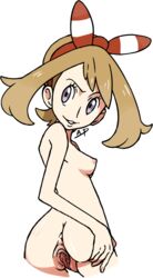 1girls artist_request back blue_eyes brown_hair ear erect_nipples female fingernails game_freak grey_eyes hair_ornament hairband hips looking_back may_(pokemon) may_(pokemon_oras) nails nintendo nipples nude pokemon pokemon_oras pussy ribbon shiny shiny_skin sideboob simple_background small_breasts smile solo spread_legs spread_pussy teeth transparent_background uncensored unknown_artist unknown_artist_signature white_background